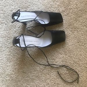 Black leather square toe ankle tie shoes